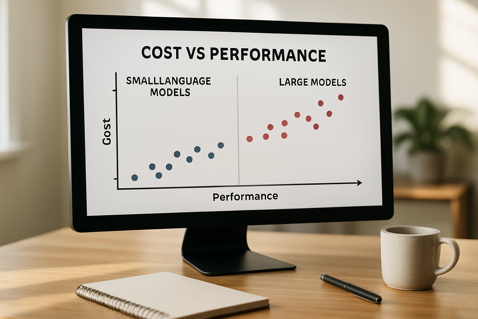 SLM performance trends shown in a cost vs performance chart on a realistic office monitor.
