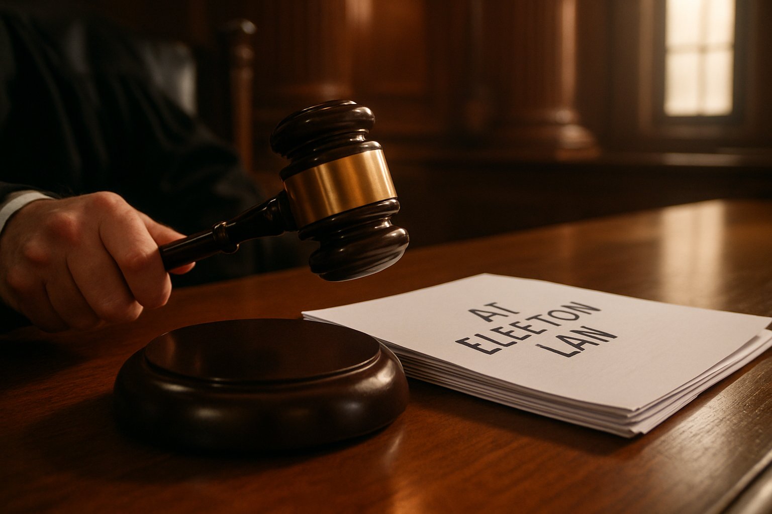 Judge enforcing new AI Election Law regulations in a courtroom.