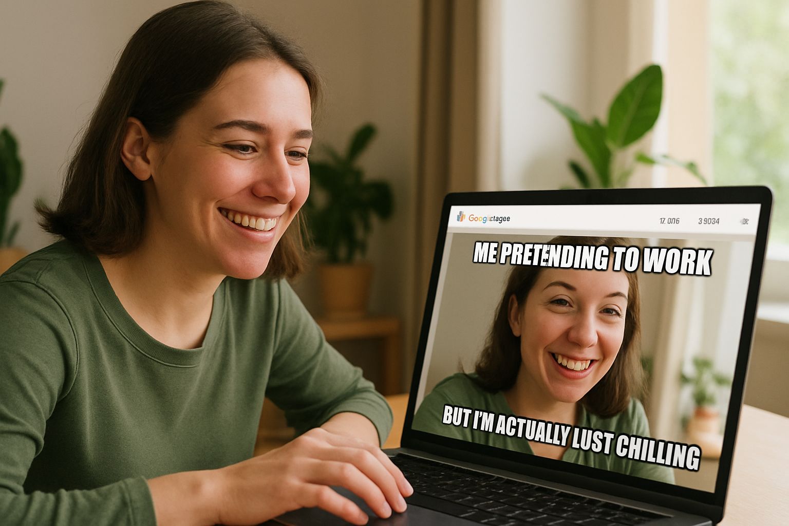 User creating a selfie meme with Google Photos AI on her laptop.