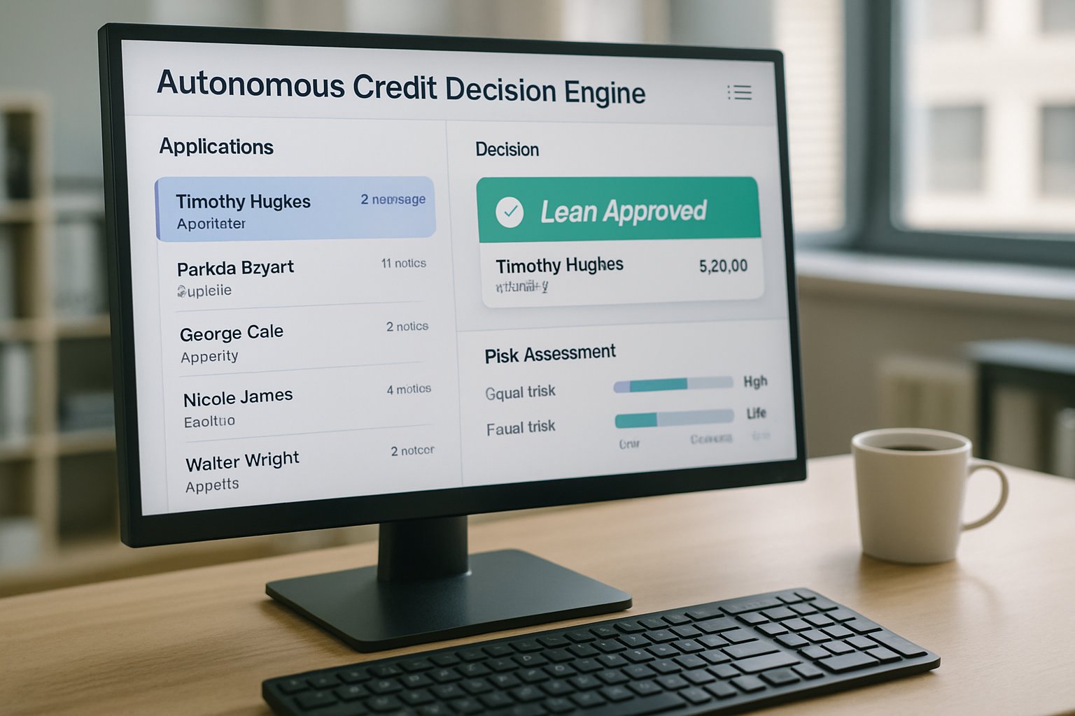 Autonomous Credit Decision Engines interface on computer screen in fintech office.