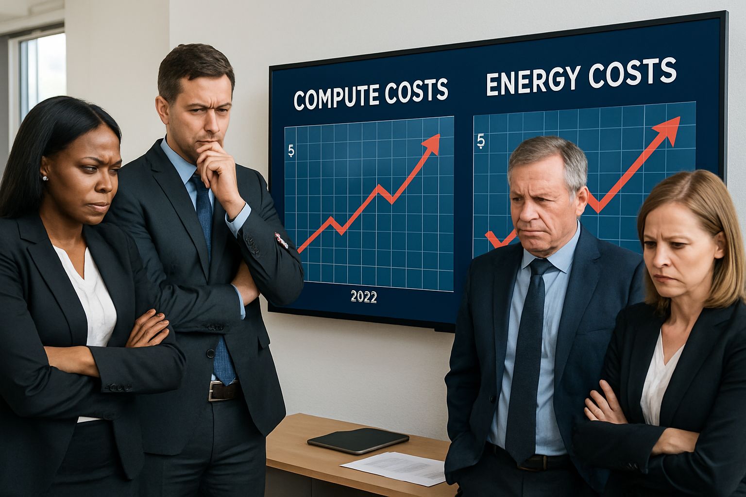 Executives discuss hyperscale compute burn rate crisis in modern office setting.