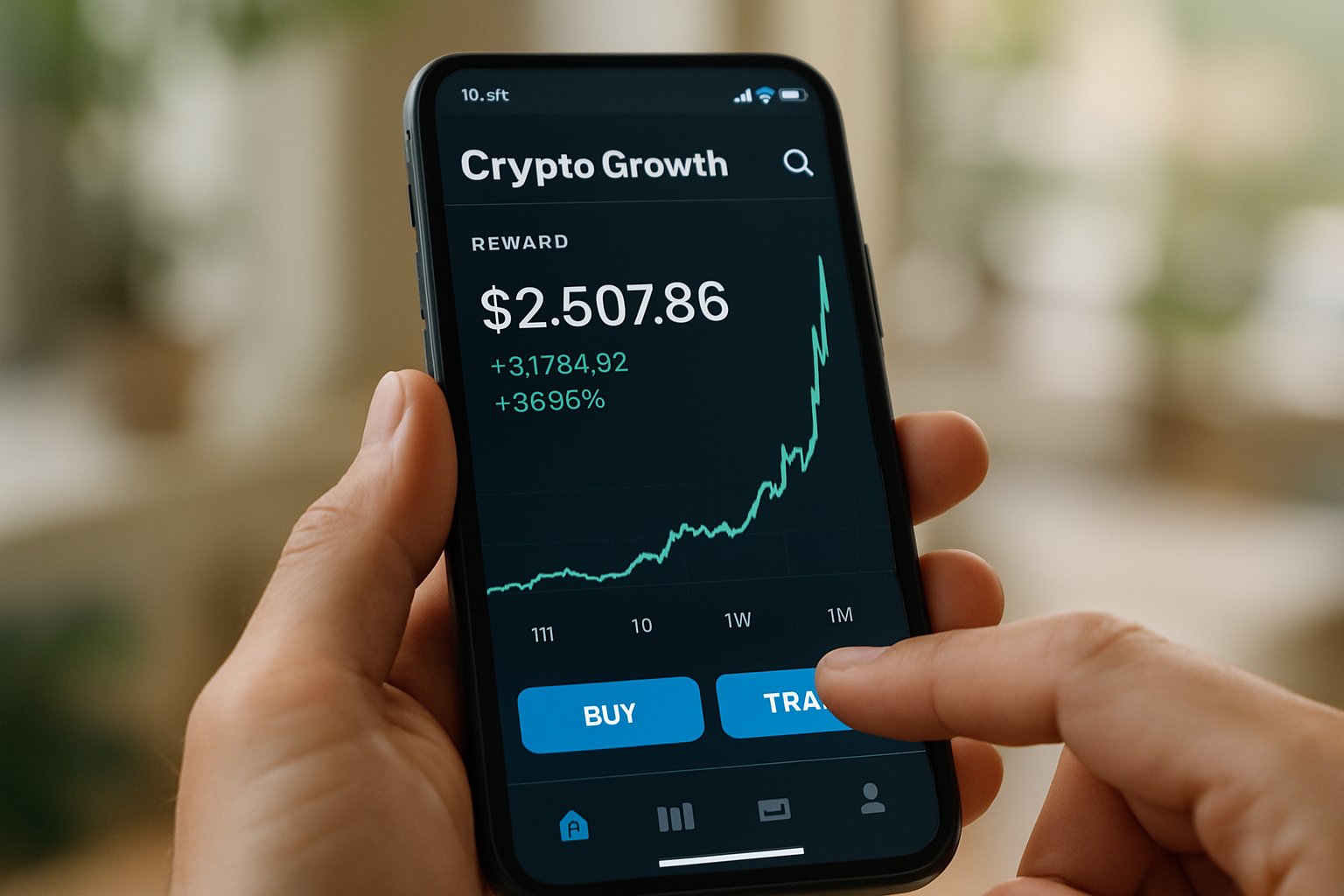 Crypto Growth Reward value surging on a trading app screen.