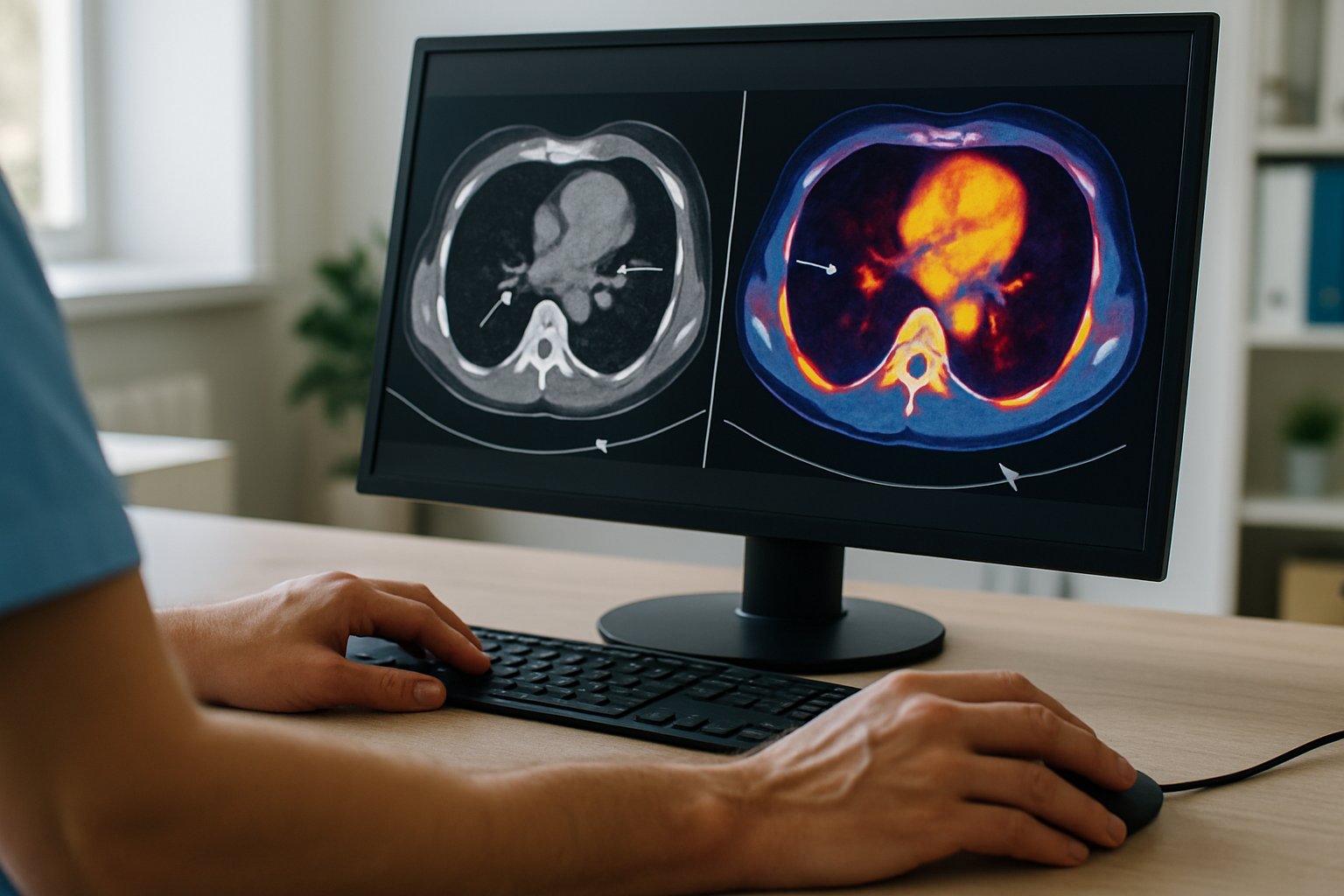 Generative Imaging software converting CT scans to PET-level visuals on a medical monitor.