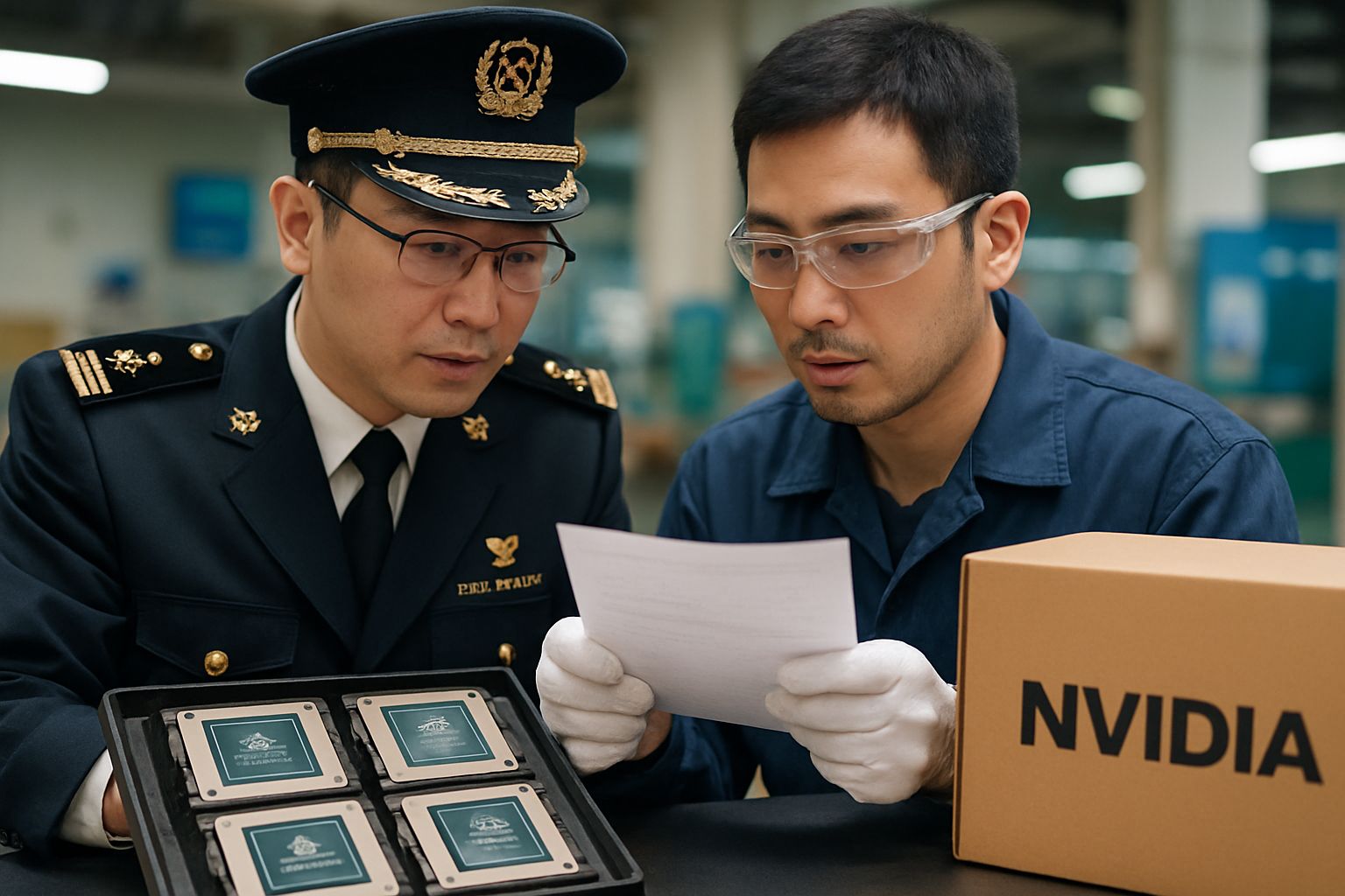 Nvidia China chips examined at Chinese customs checkpoint for export approval.