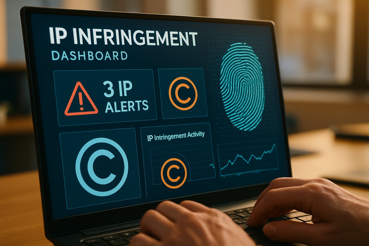 IP infringement detection engines dashboard with copyright alerts and digital fingerprint
