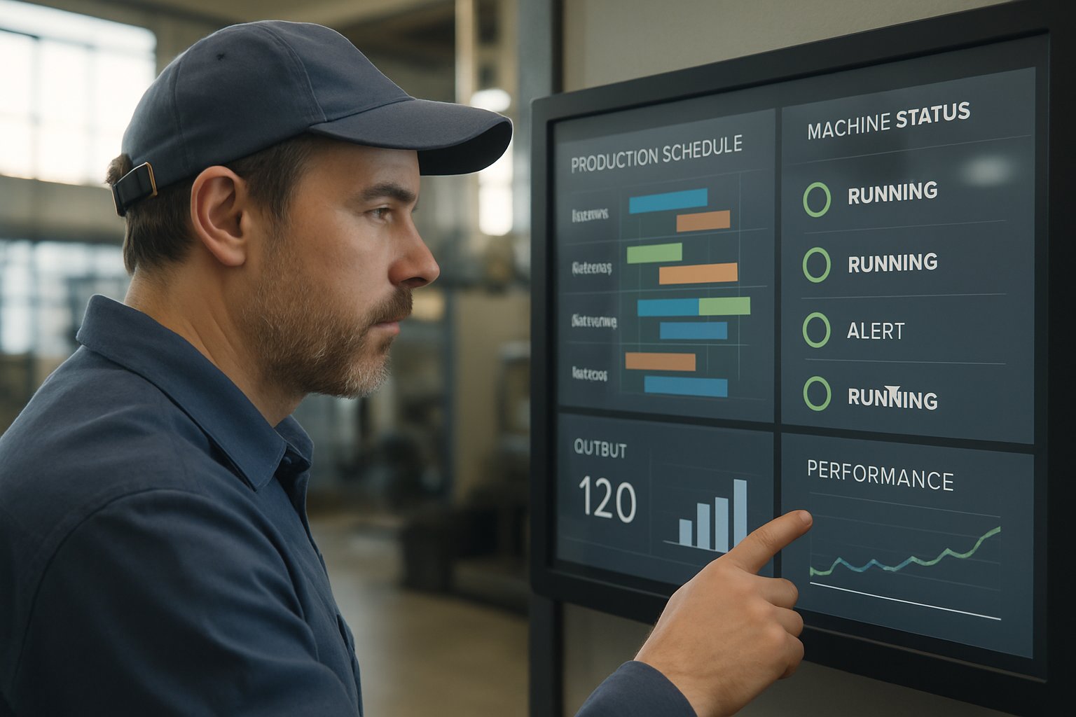 Supervisor uses Intelligent Factory Scheduling Systems dashboard for production planning.
