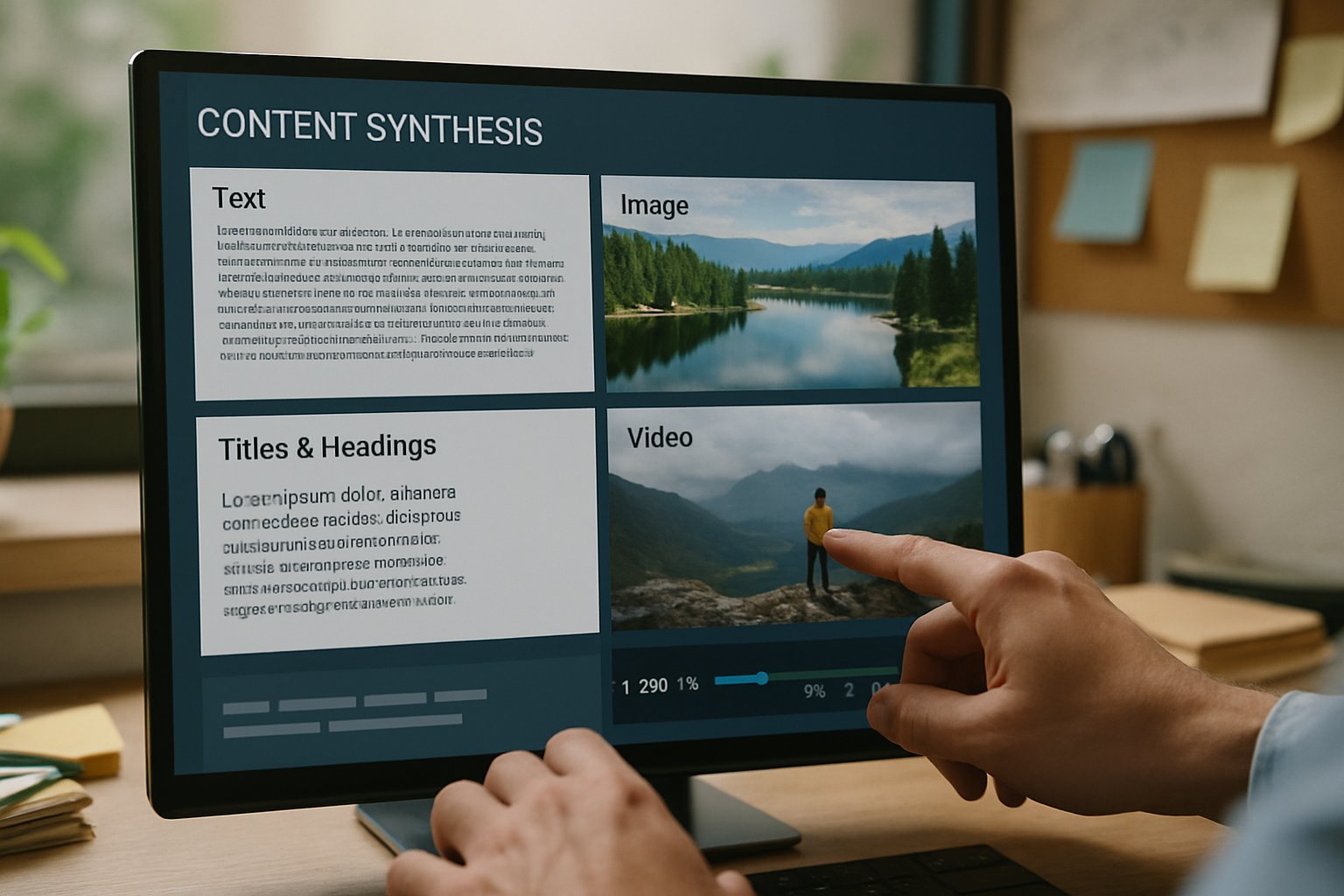 Hands using multimodal content synthesis engines dashboard merging text images and video