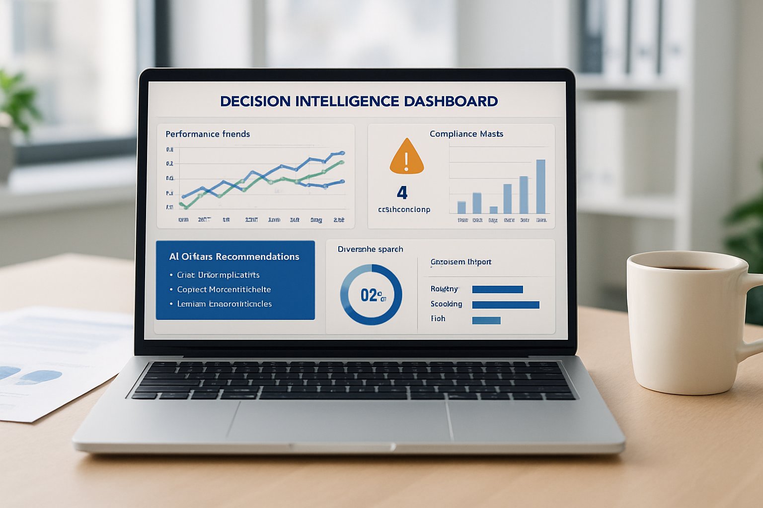 Decision Intelligence Dashboards on a laptop showing business insights and analytics.