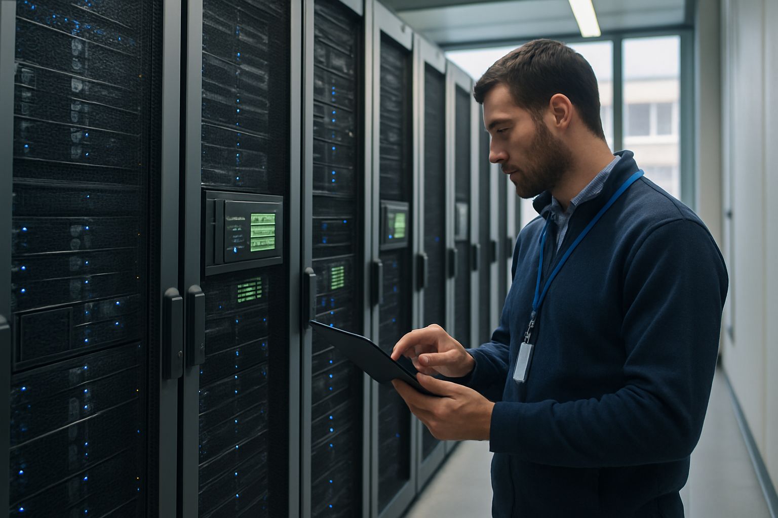 Cloud Computing infrastructure data center servers and technician monitoring