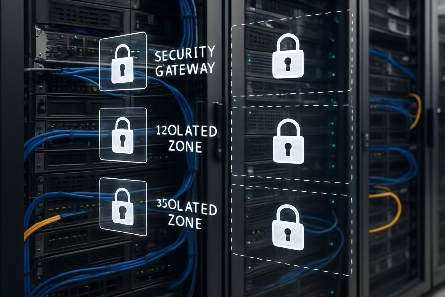 Zero-Trust AI Security Architectures visualized in a real-world data center with security gateways.