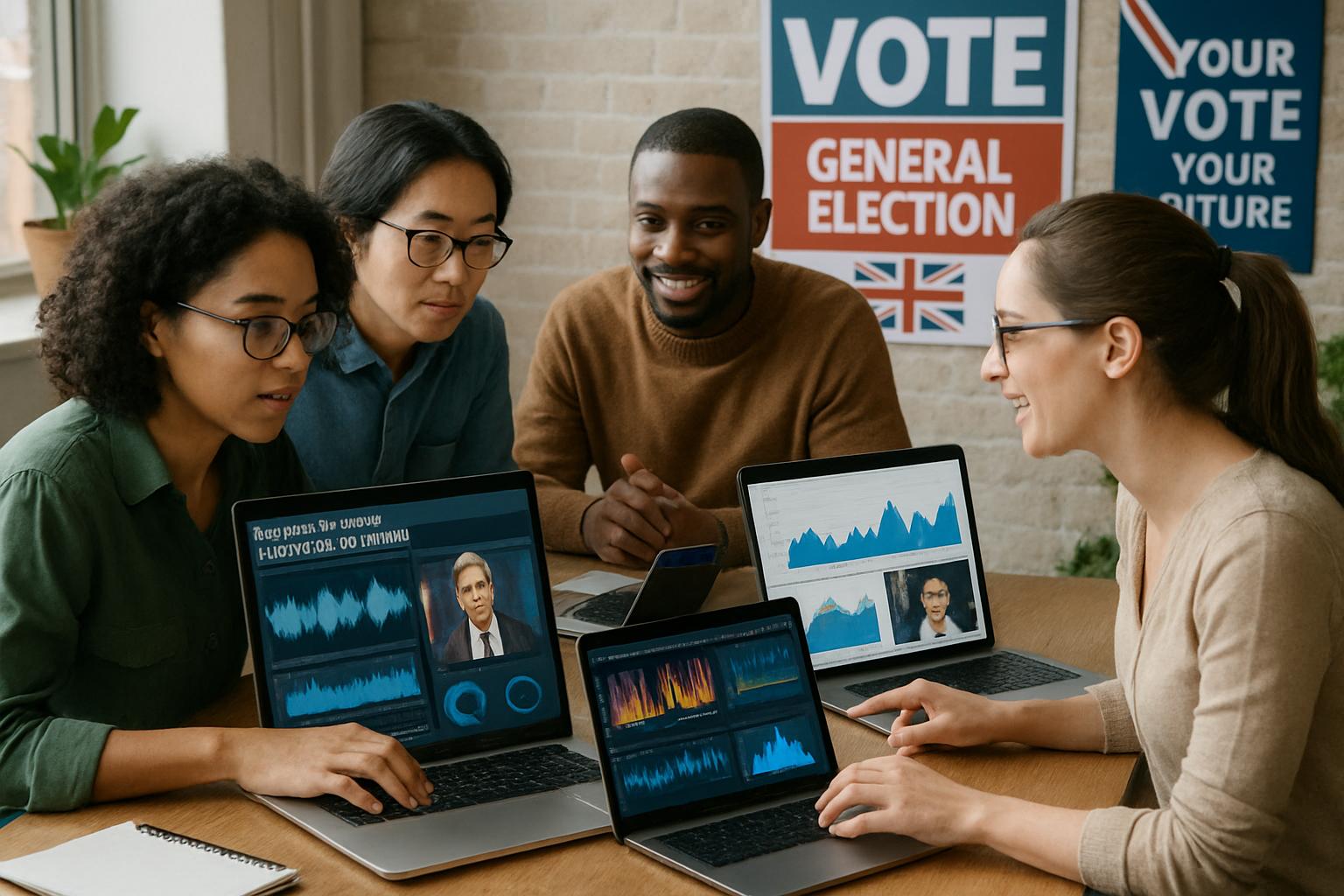 Data scientists analyze media for election integrity deepfake detection in a UK workspace.