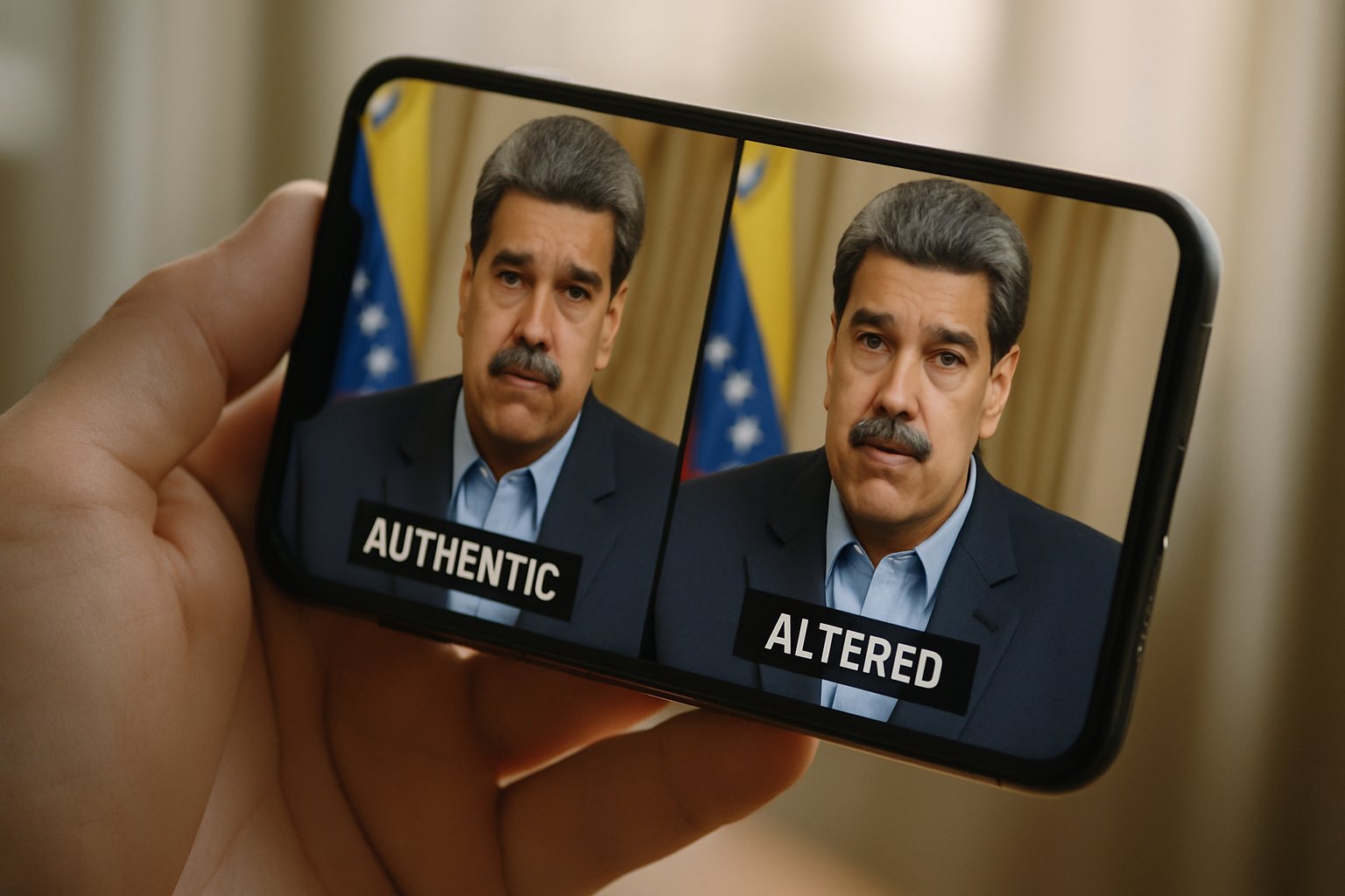 Split-screen smartphone video comparing Deepfake Political Disinformation with genuine footage.
