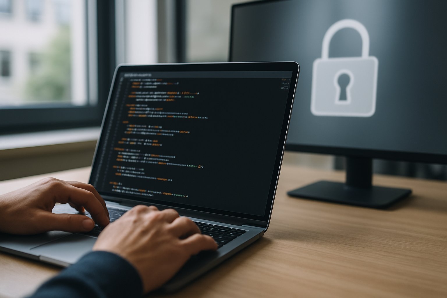 Cybersecurity professional working on laptop with security interface