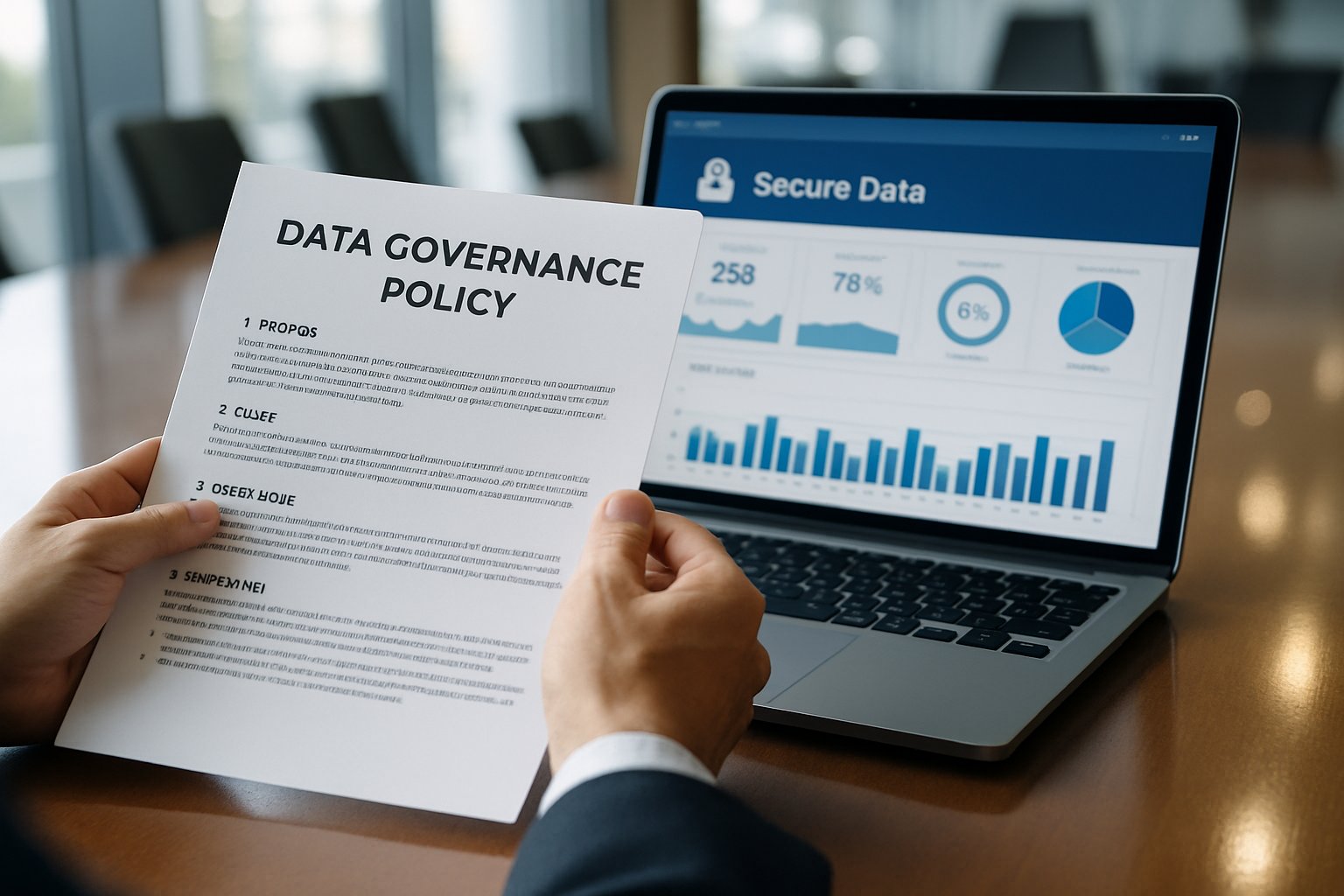 Hands holding Data Governance Strategy policy with digital dashboard in background