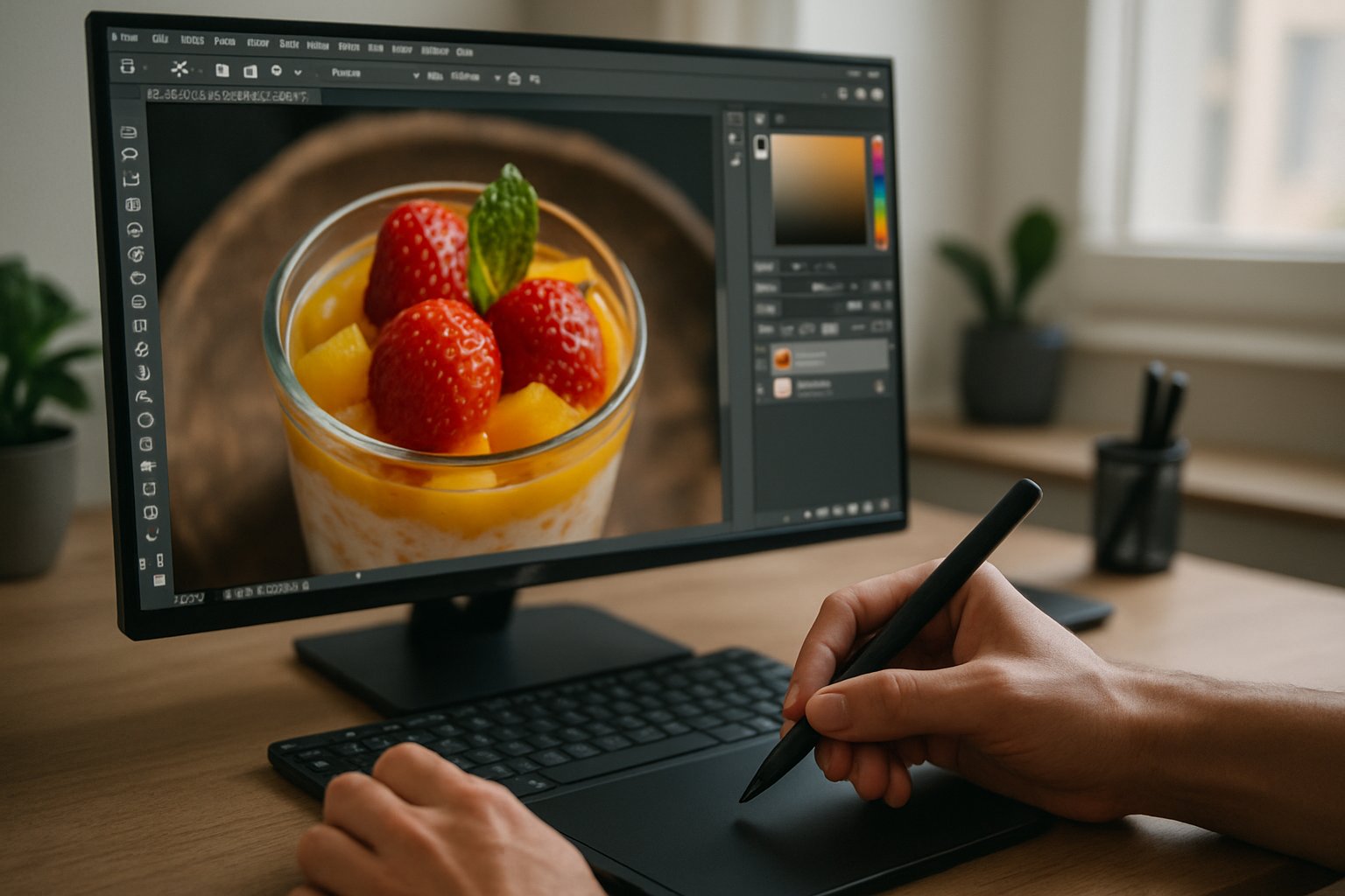 Designer editing visuals in Adobe Photoshop at a modern desk.