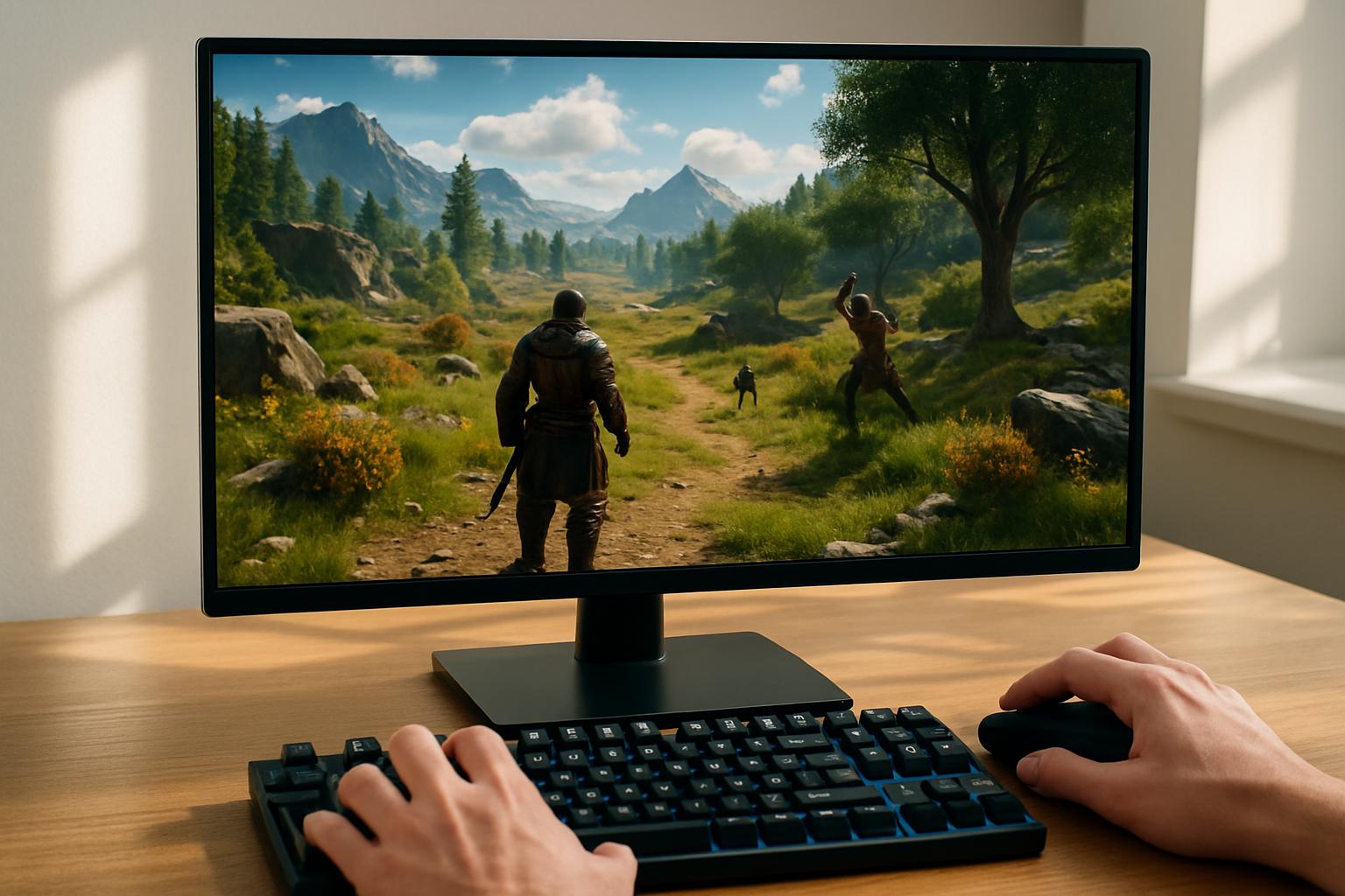 Desktop scene showcasing World model gaming with lifelike 3D environments and interactive elements.