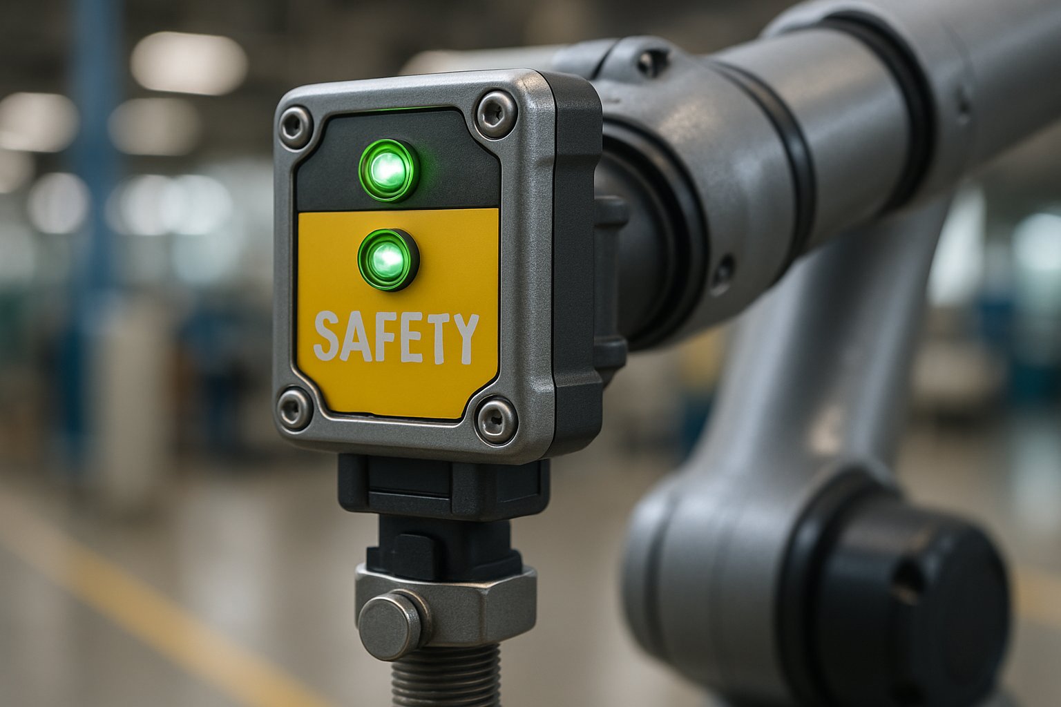 Close-up of robot safety engines sensor module on a robotic arm in industry.