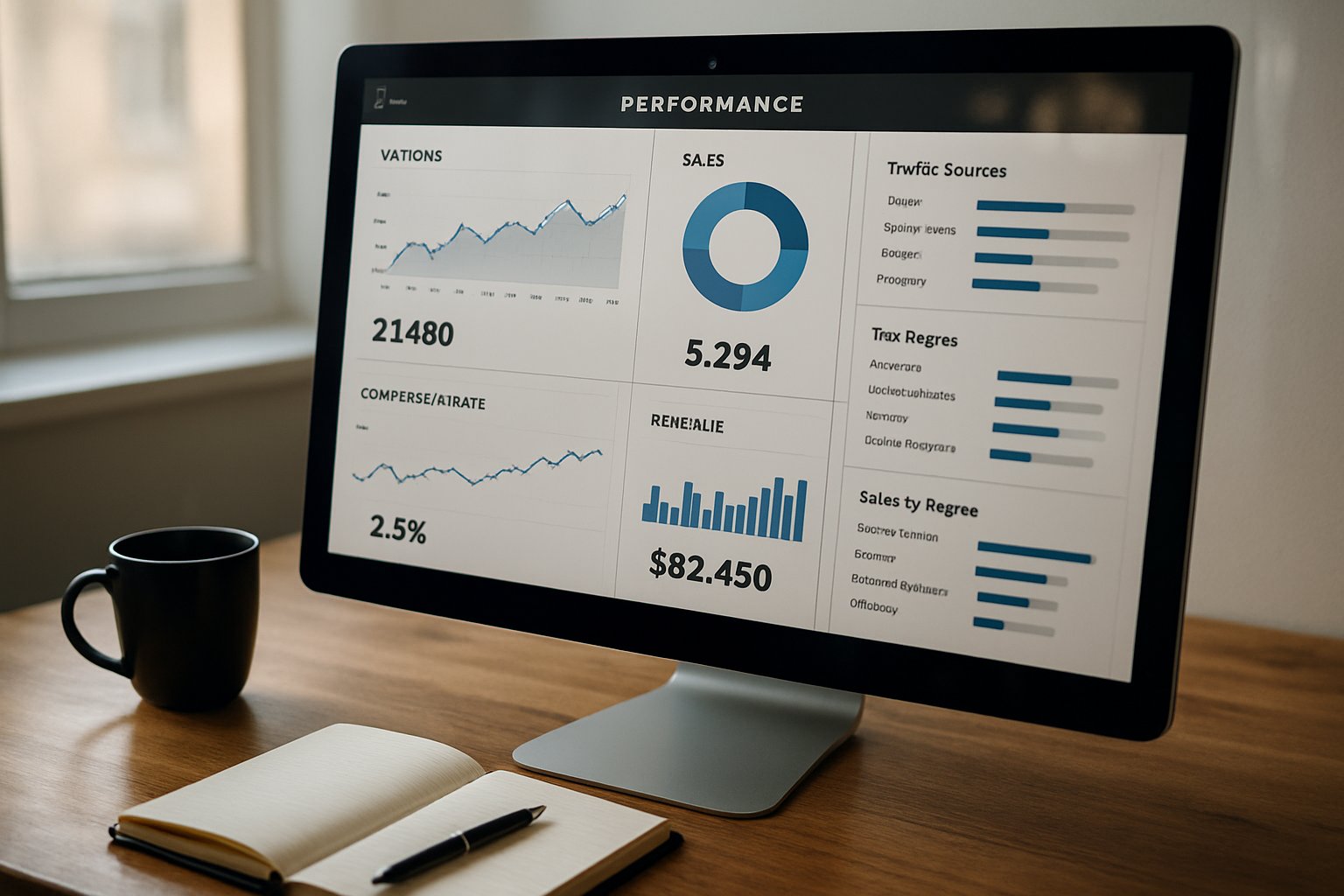 Performance Metric Dashboards displayed on a monitor in a natural office setting.