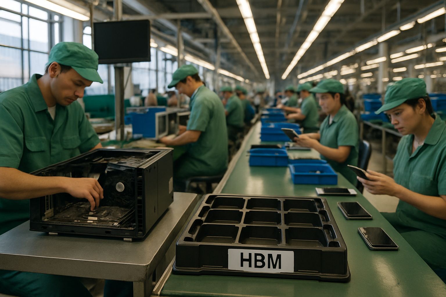 Busy PC and smartphone assembly line affected by HBM Shortage.