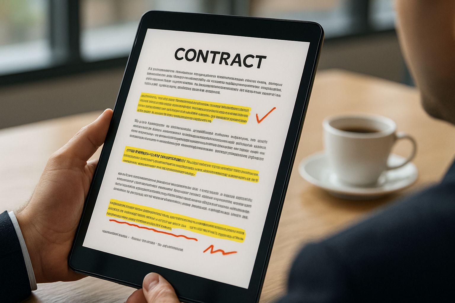 Tablet with contract highlighted by Autonomous Contract Review Engines.