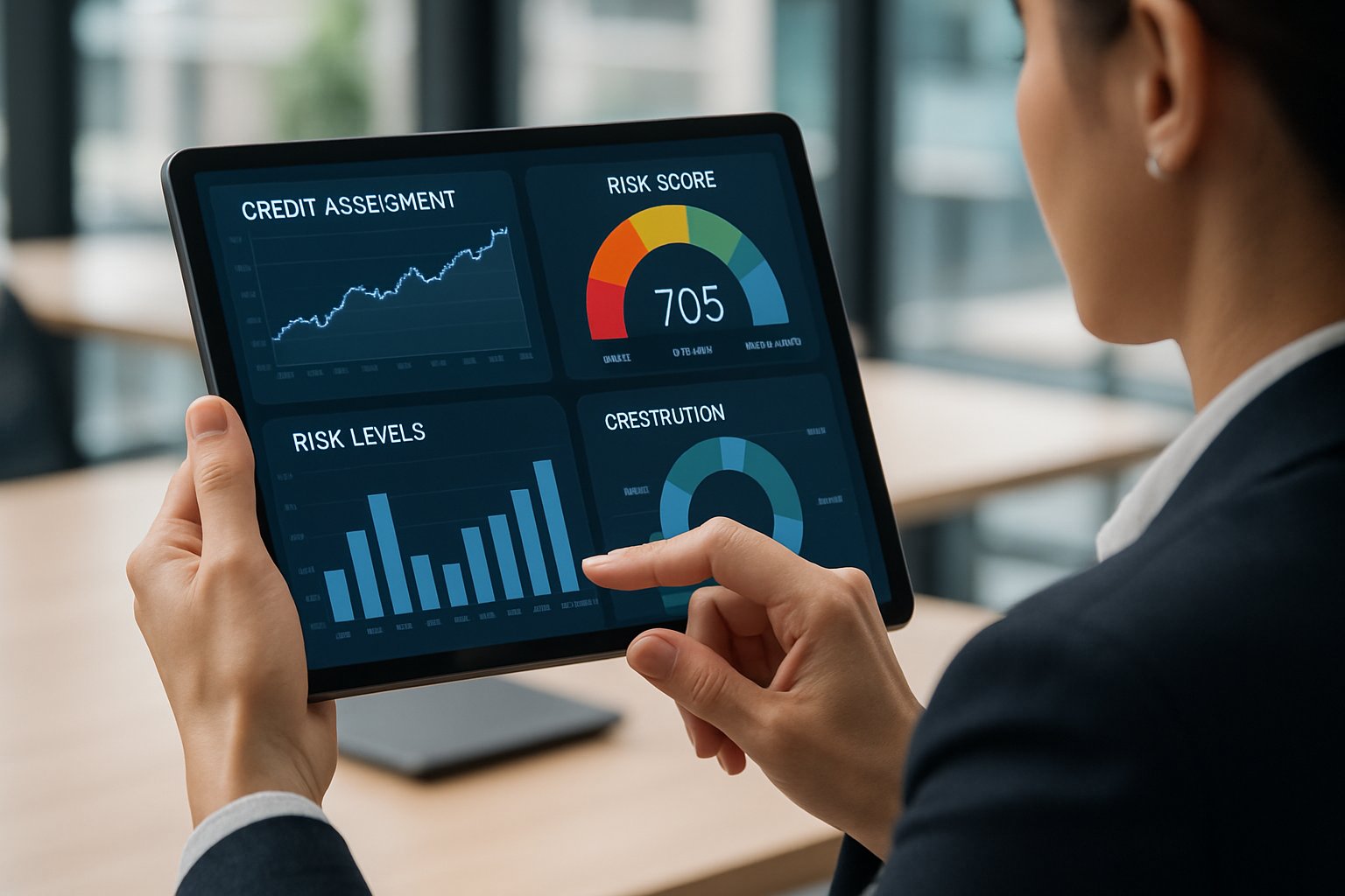 Businesswoman uses Autonomous Credit Decision Engines dashboard for lending analysis.