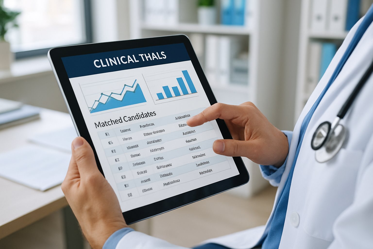 Clinical Trial Matching Algorithms dashboard on a tablet for trial recruitment.