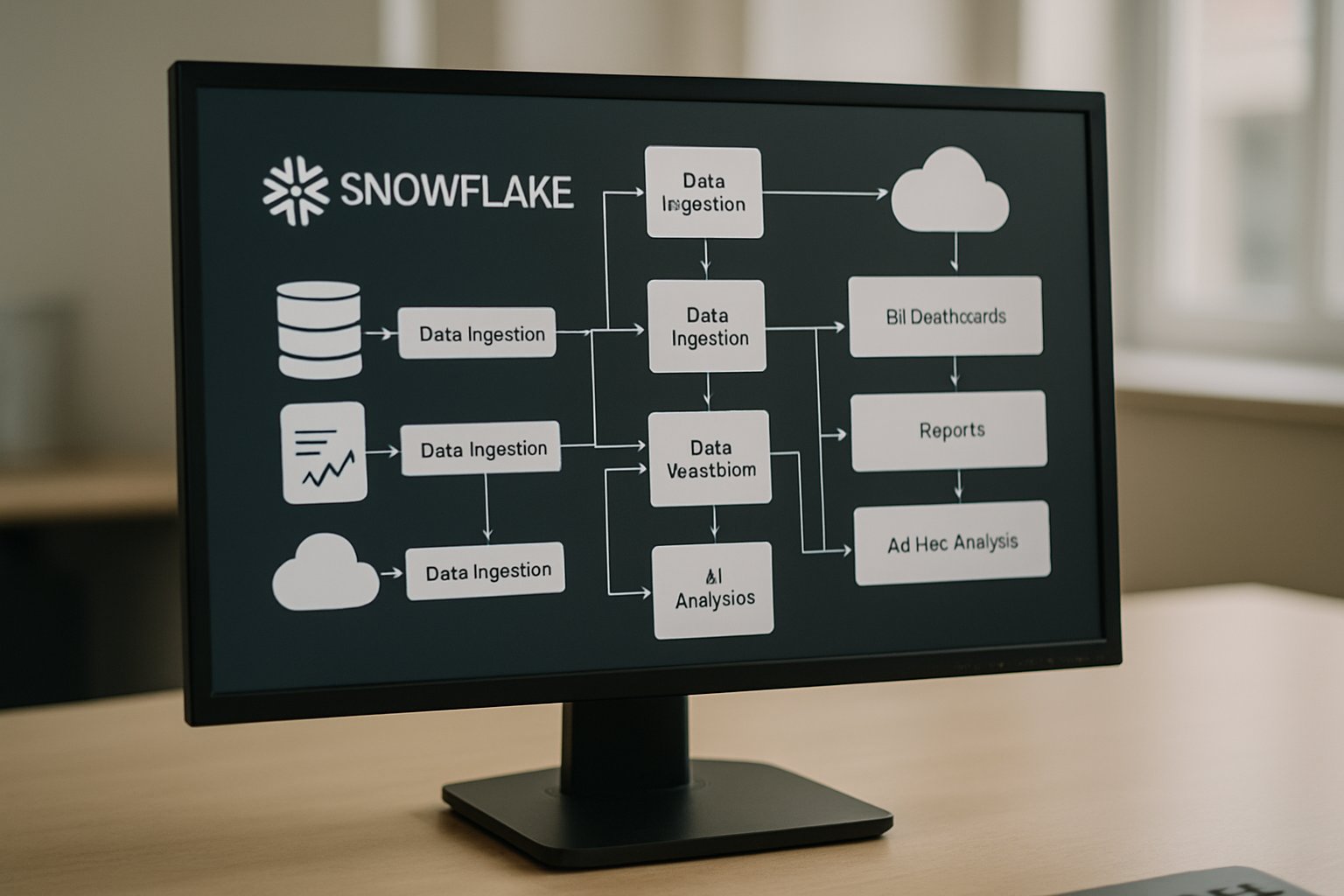 Monitor displaying enterprise data stack recomposition with Snowflake and AI analytics interface.