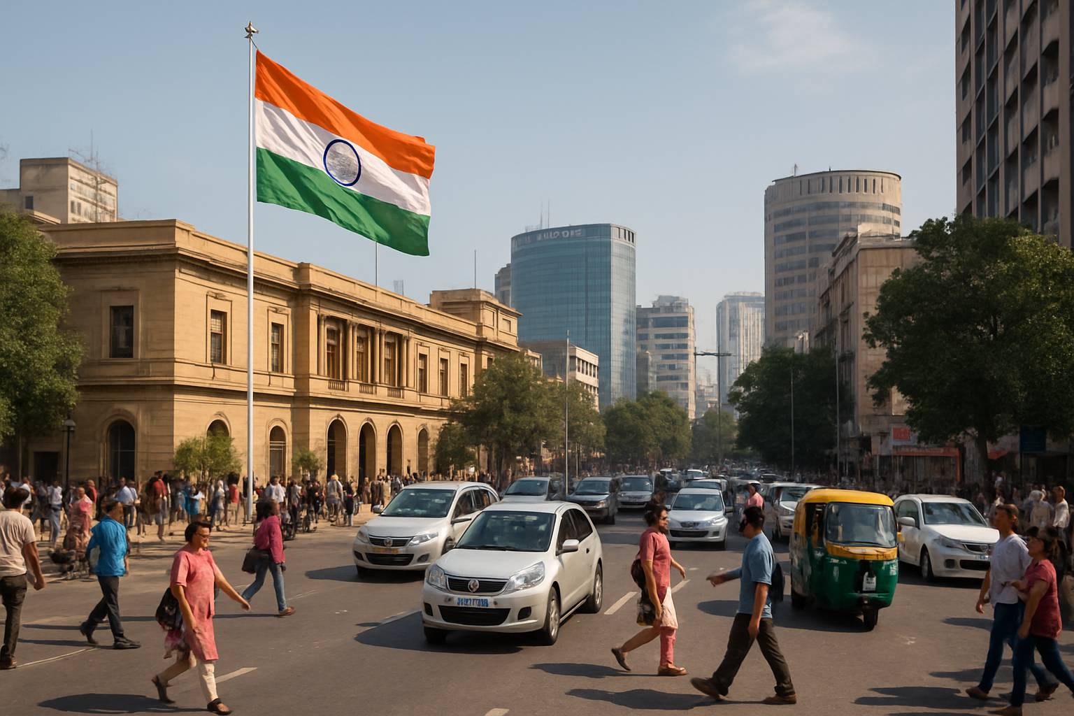 Sovereign AI India highlighted by Indian flag in New Delhi cityscape