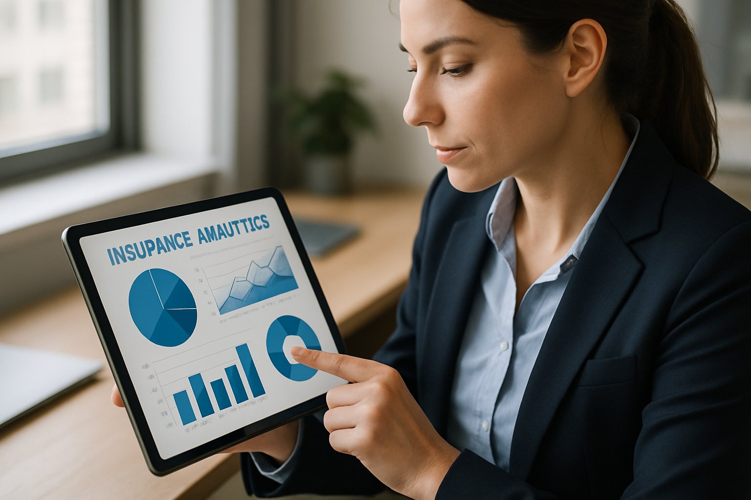 AI Insurance analytics on tablet device in hands of businesswoman