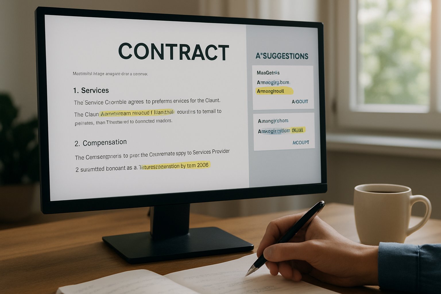 Autonomous contract review engines highlighting key clauses on a contract document.