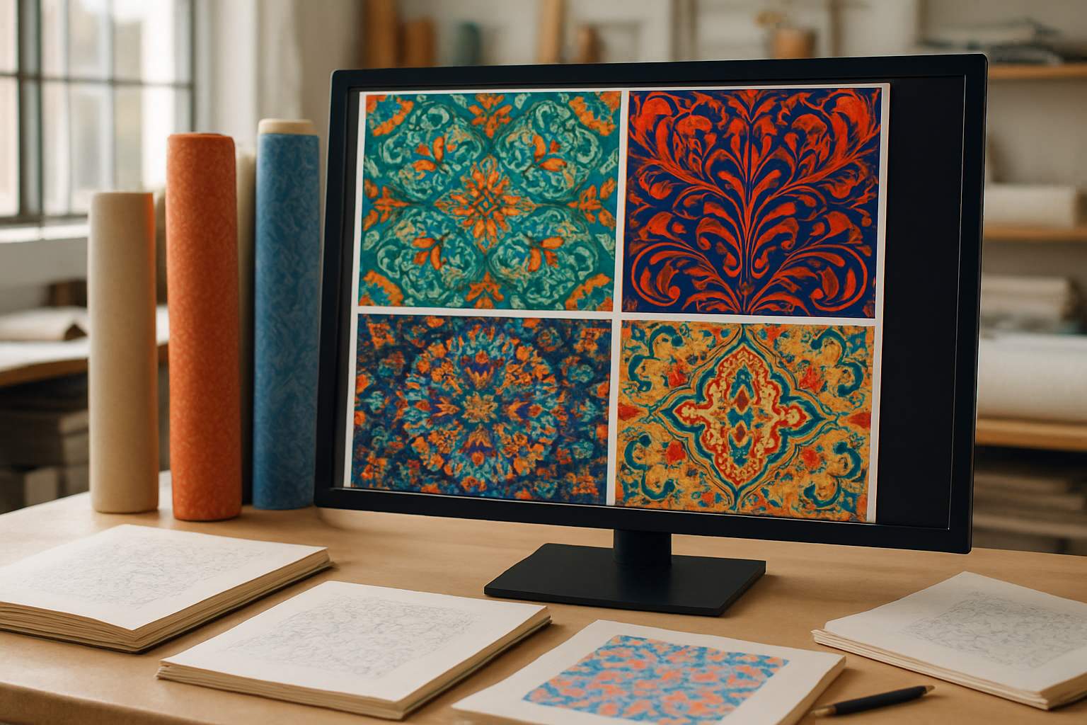 AI-driven textile design synthesis producing patterns next to real fabric rolls and sketches.