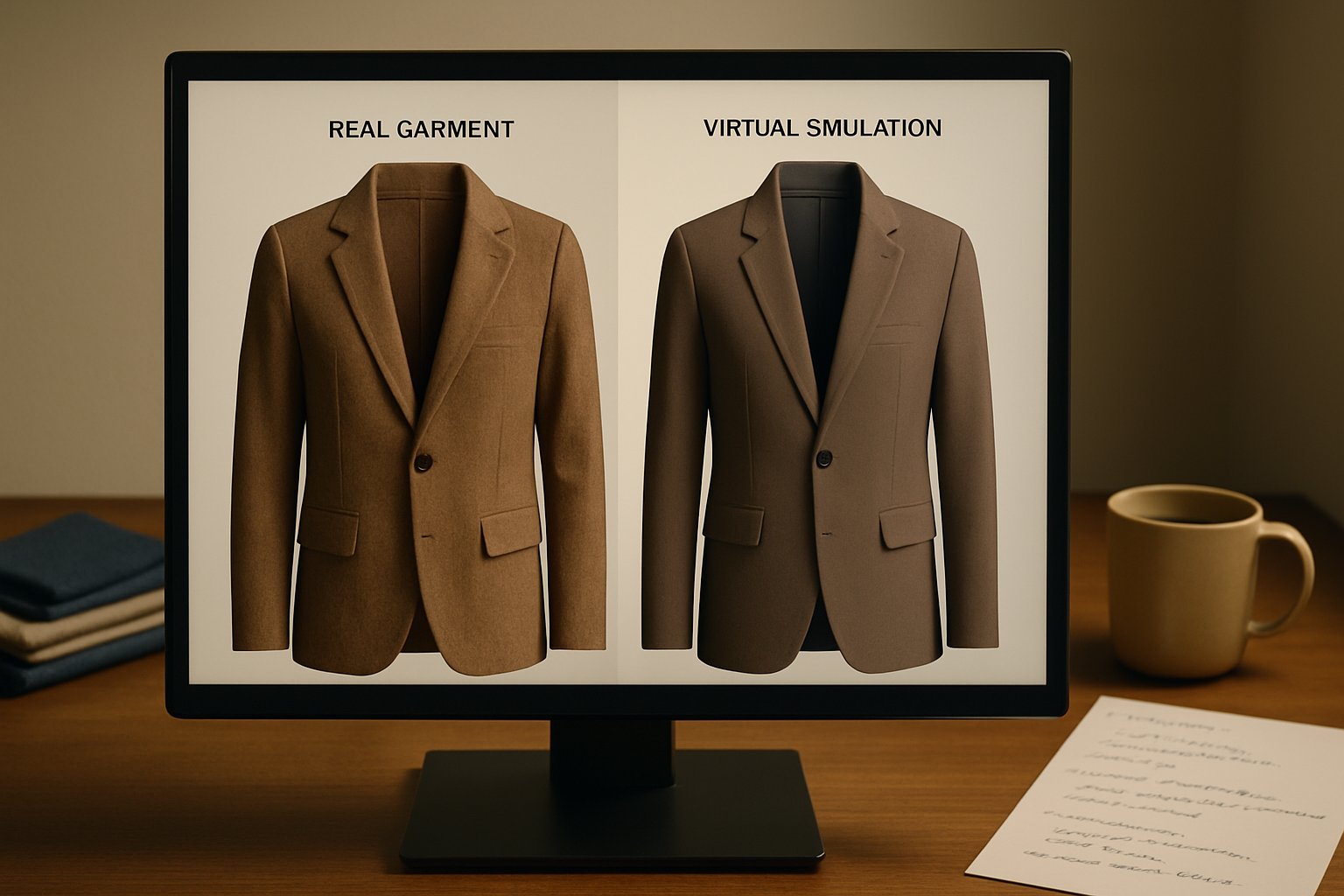Virtual Apparel Simulation AI displaying real and simulated garment side by side.