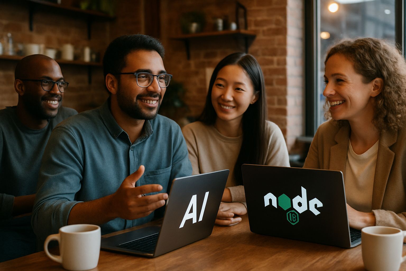 Group discussing Node.js and AI integration at tech meetup.