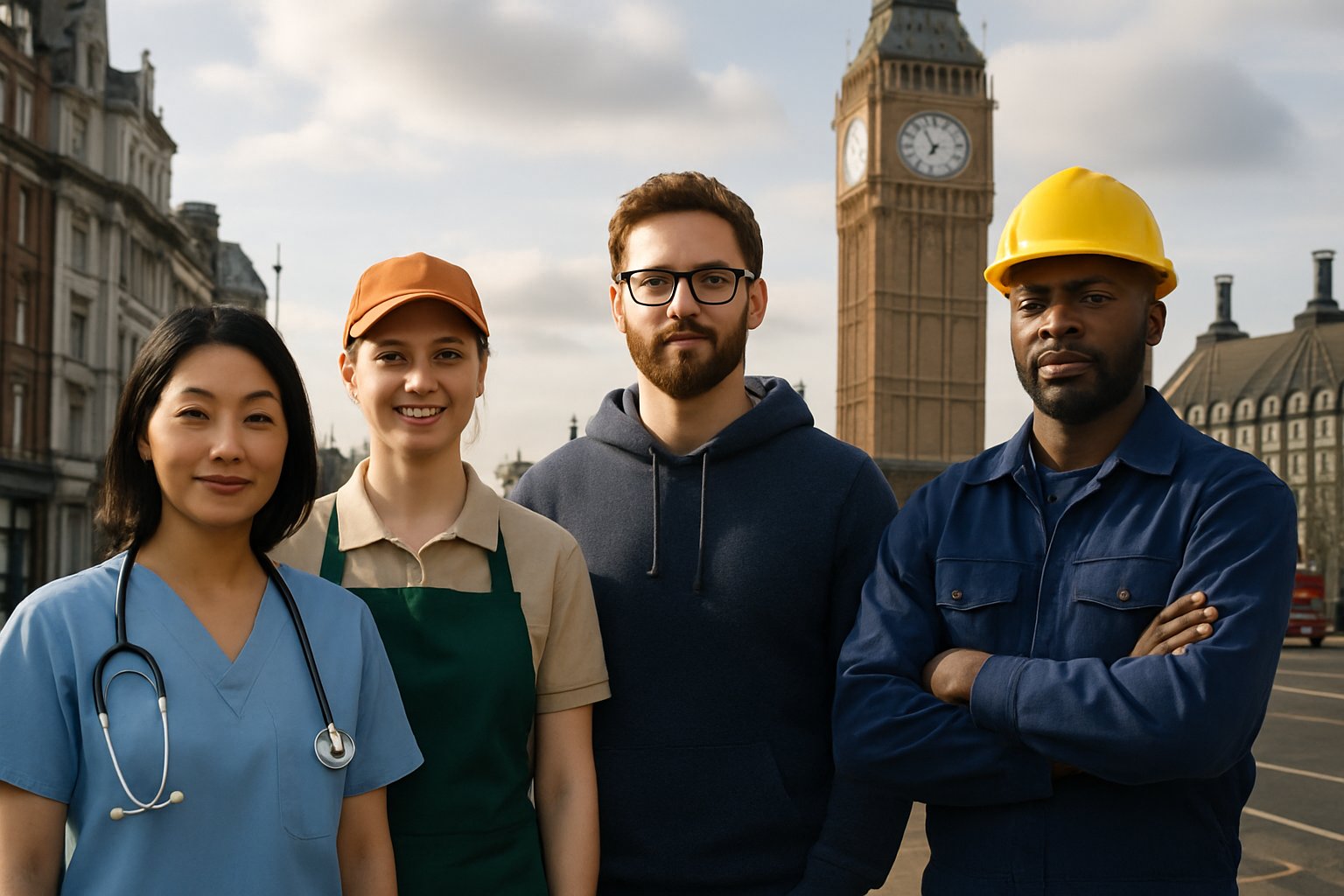 Labor Market Impact shown by diverse UK workers affected by AI adoption.