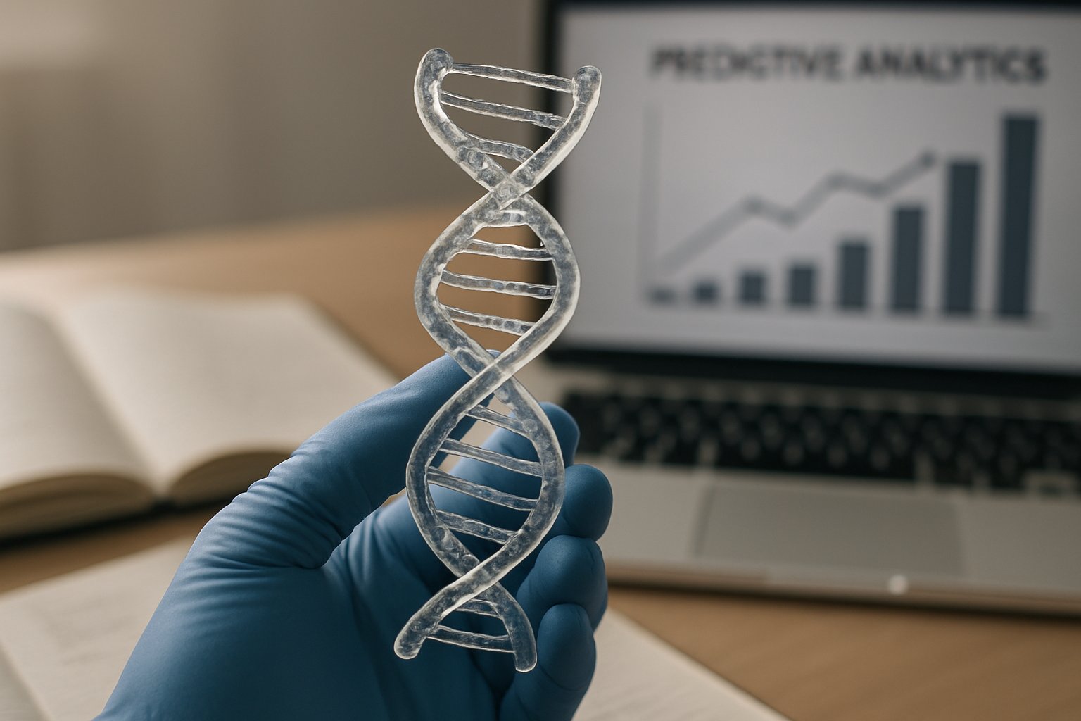 Genomic Sequence Predictors model displayed with DNA helix in research lab
