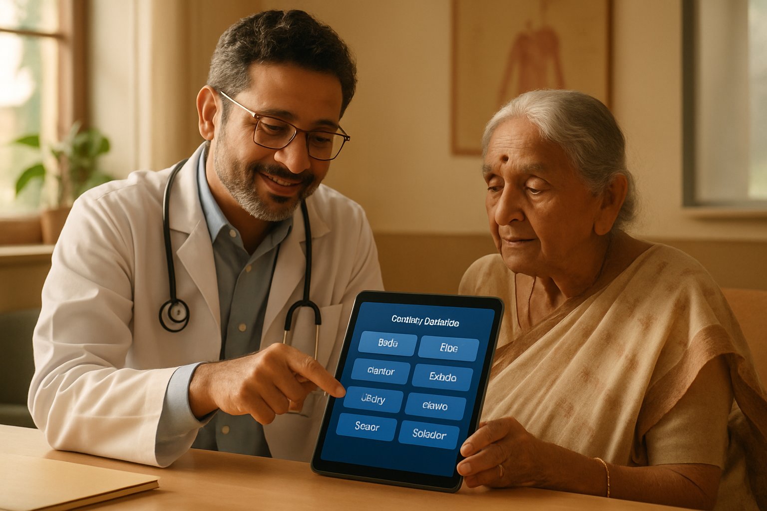 Doctor demonstrates Accessibility features on a BHASHINI-enabled health app.
