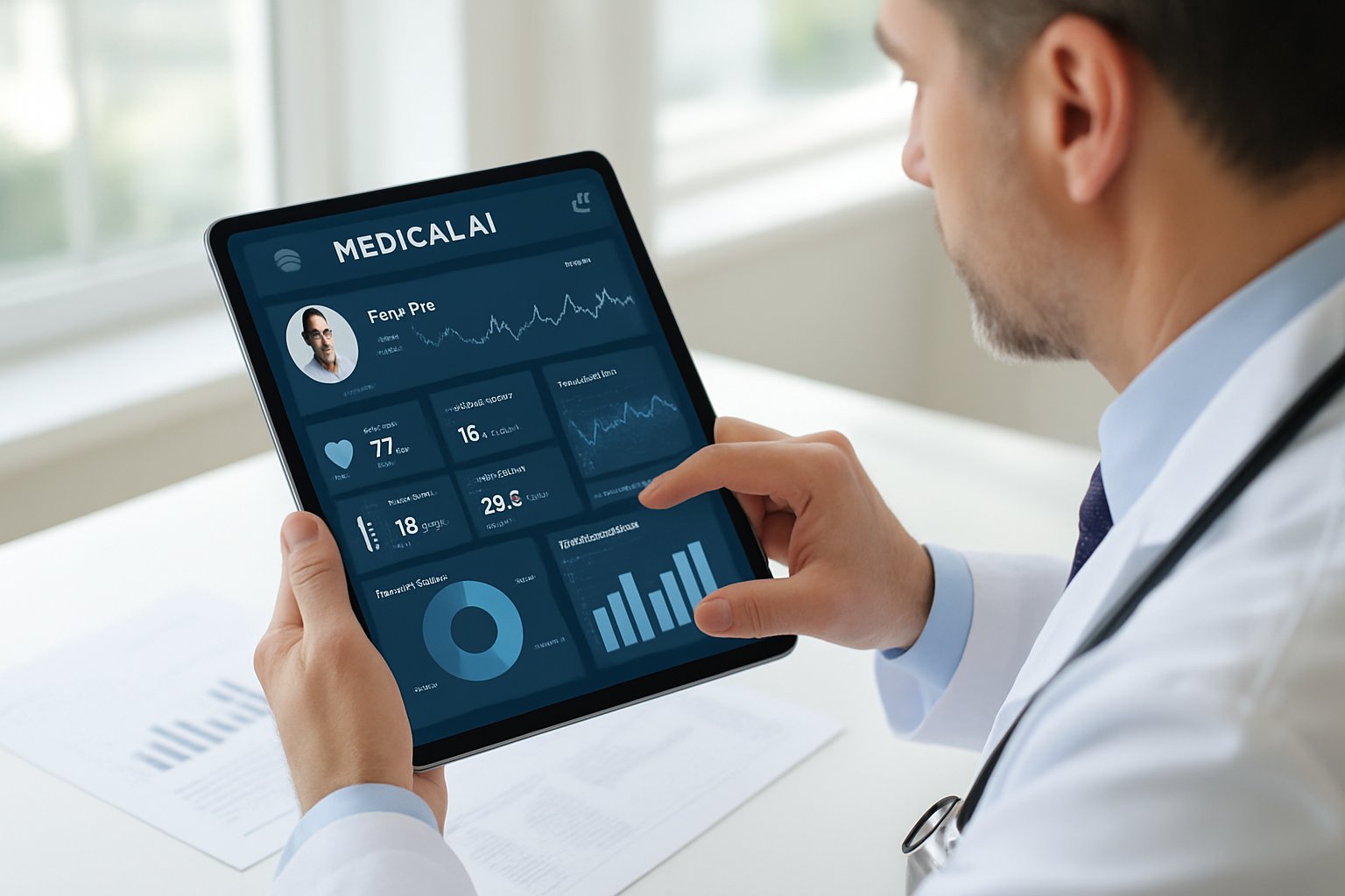 Doctor using Clinical AI Implementation dashboard on a tablet in a healthcare office.