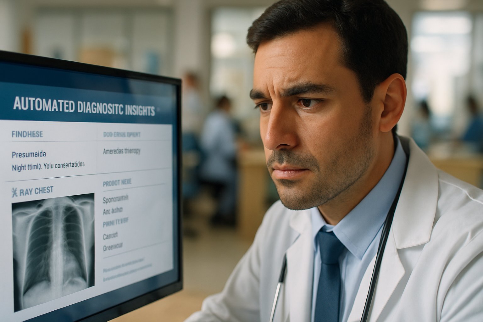 Physician reviewing clinical inference automation insights on a computer screen.