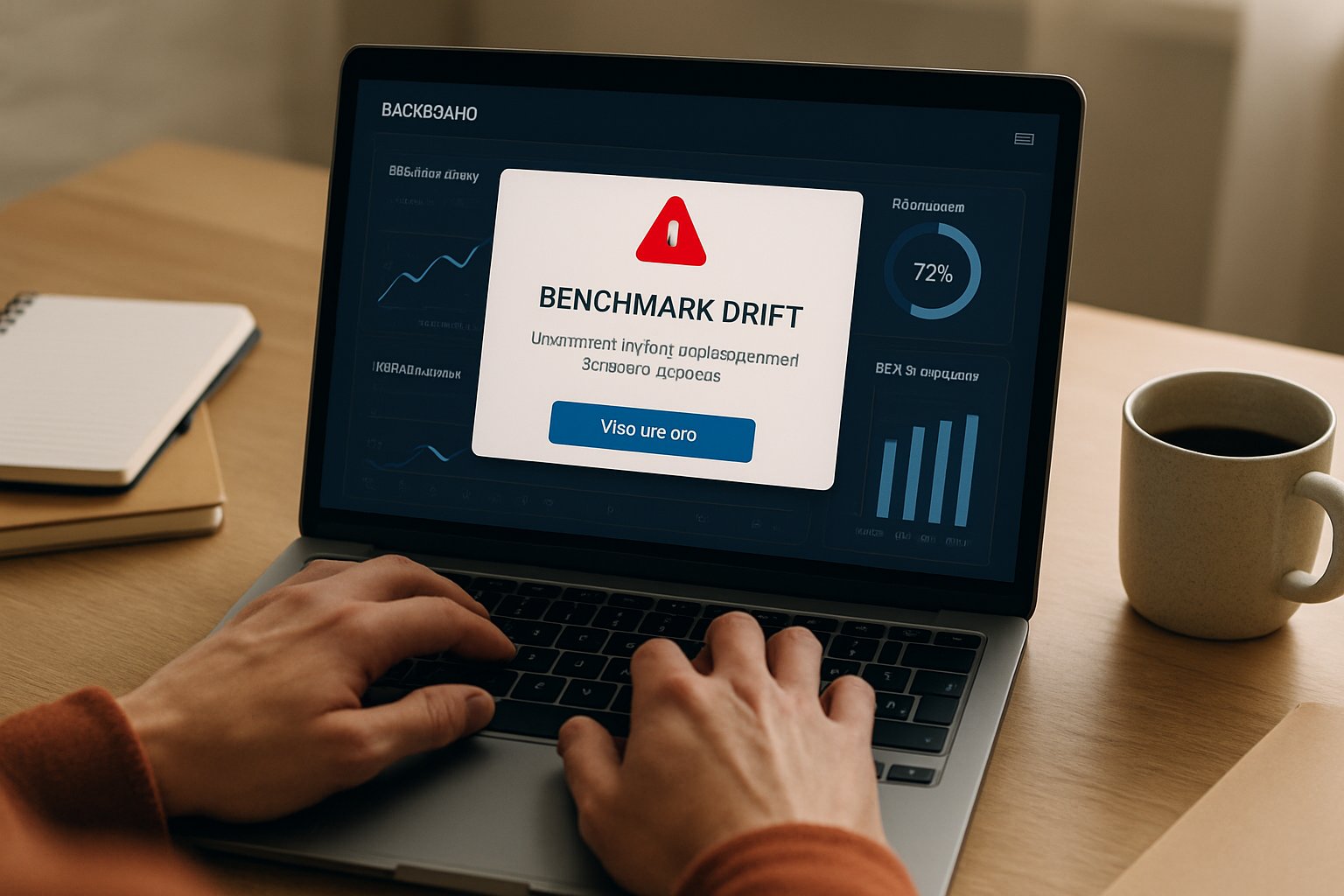 Dashboard showing alert from AI benchmark drift monitors for model health.