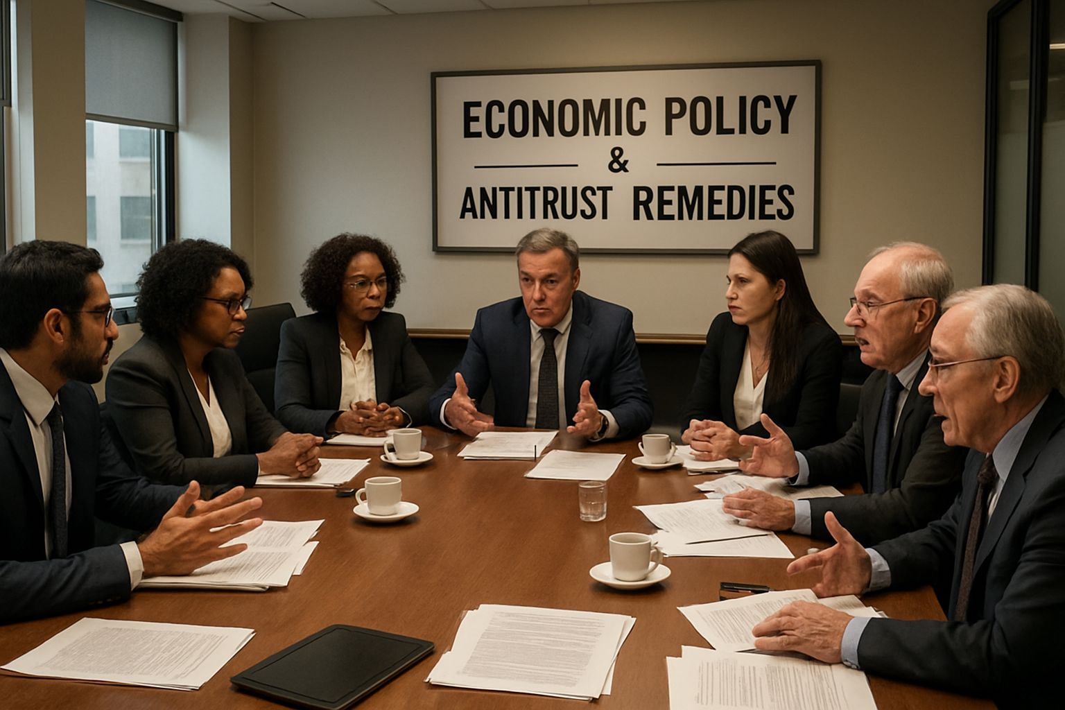 Economic Policy executives in boardroom discussing antitrust and competition remedies