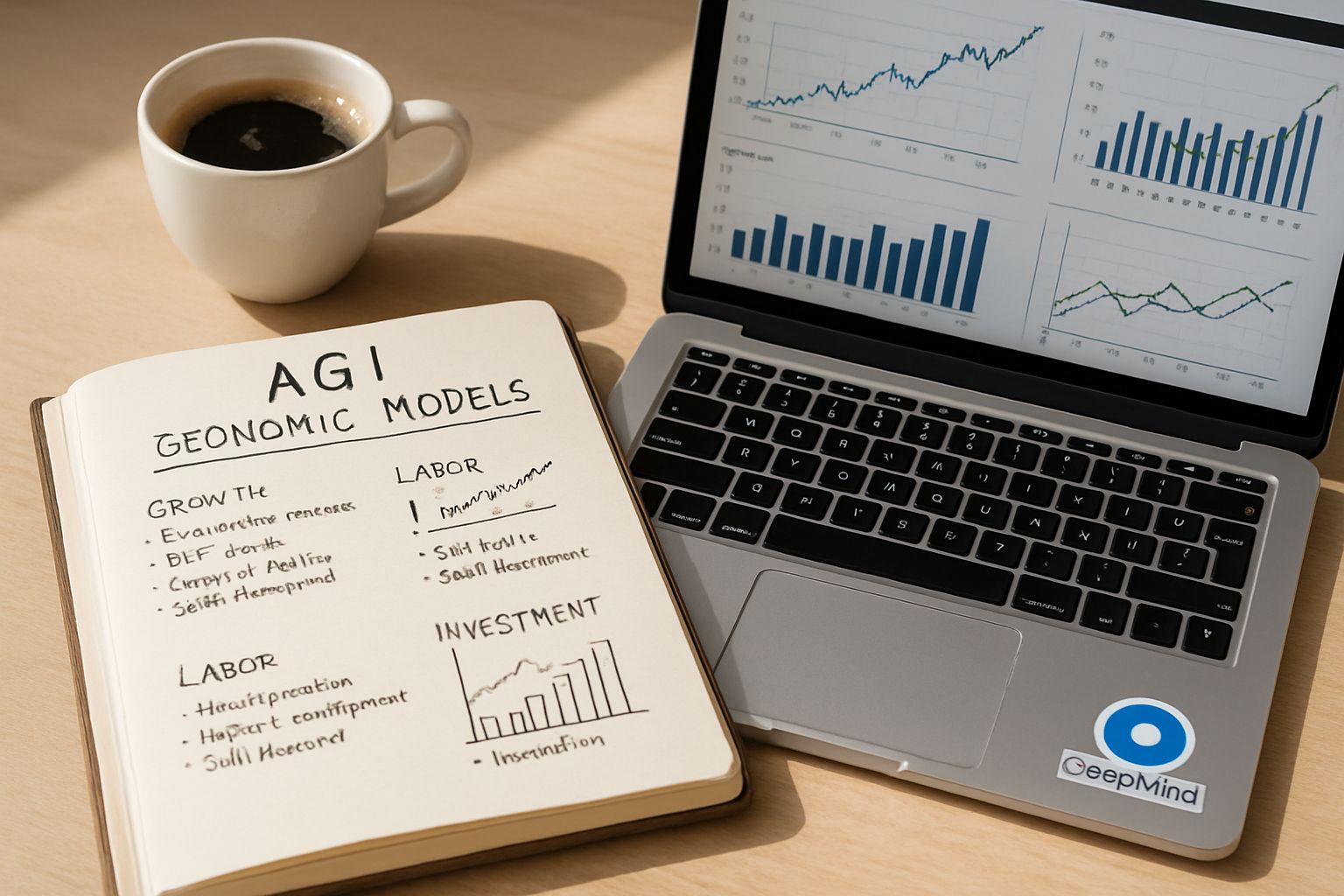 DeepMind AGI economist workspace with real economic model notes and charts.