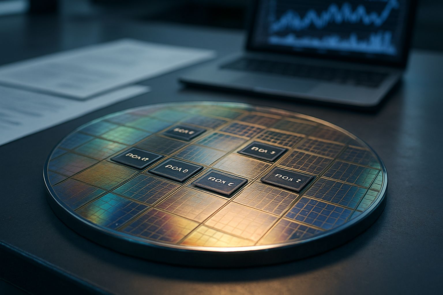 Edge AI Chips on silicon wafer with financial graphs for IPO and SPAC analysis