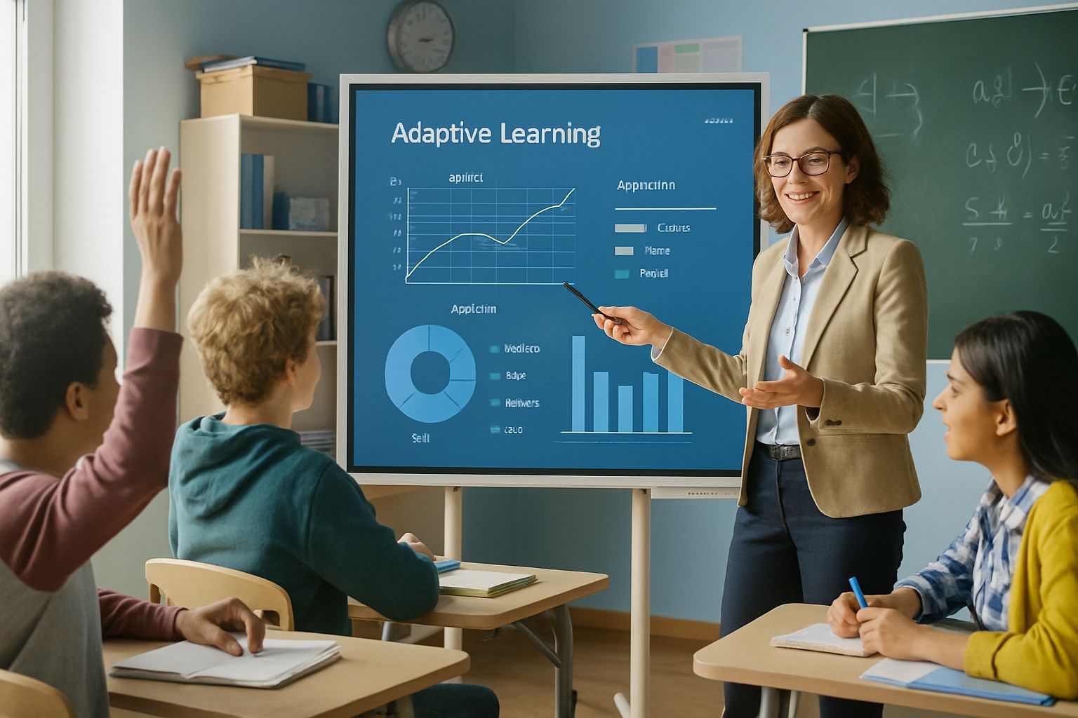 Teacher leveraging Adaptive Learning Algorithms via interactive classroom technology.