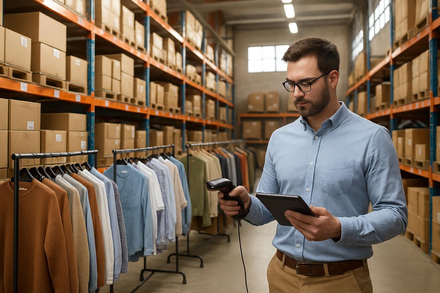 Warehouse manager oversees inventory with fashion demand sensing platforms.