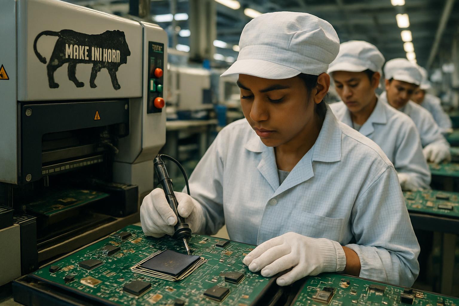Workers assemble electronics for Sovereign Stack in Indian factory setting.