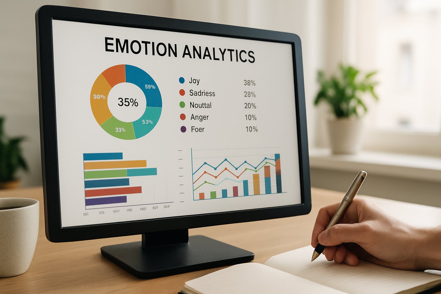 Monitor showing Emotional Resonance Scoring AI graphs for storytelling strategy insights.