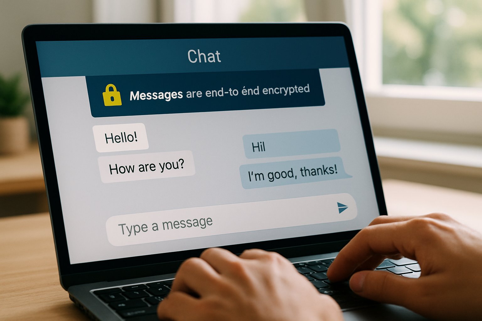 Privacy-First AI encrypted conversation on chat platform displayed on laptop