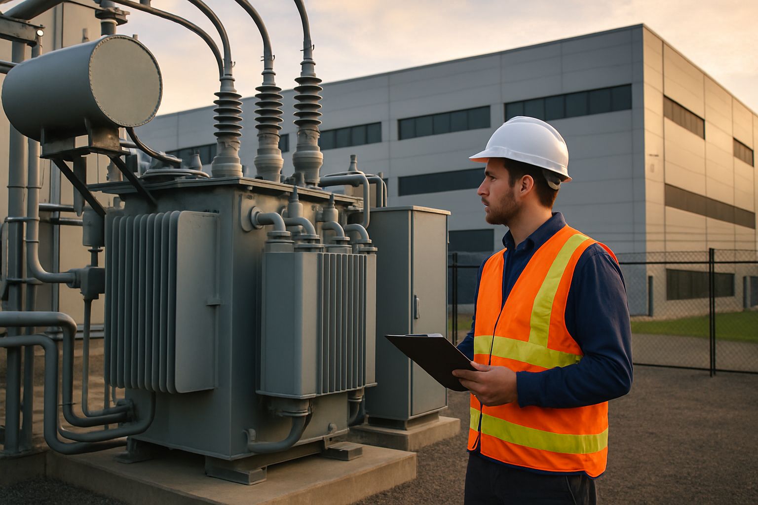 Engineer inspecting energy infrastructure at a hyperscale data center for energy optimization.