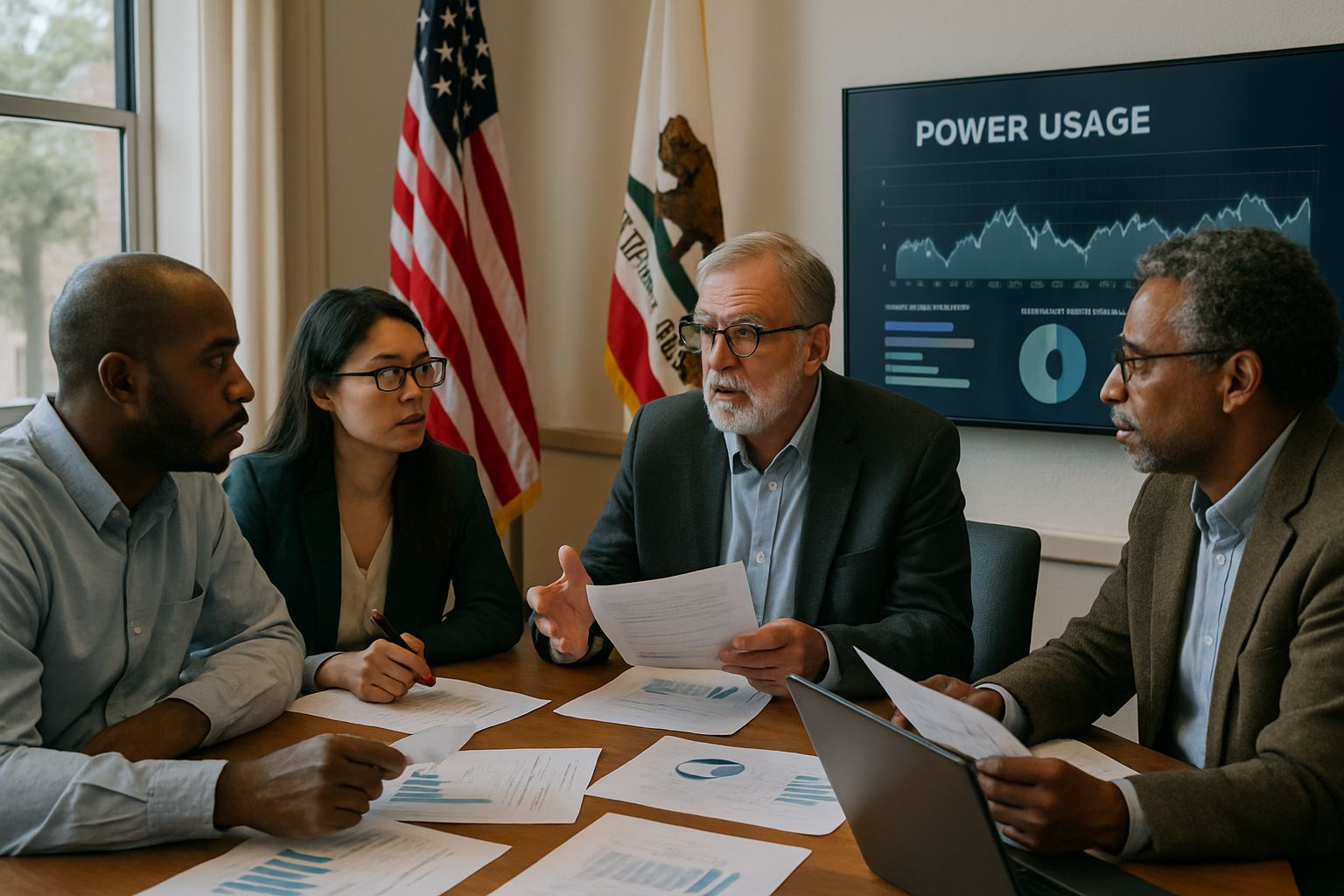 Energy usage study team gathers in California office to analyze power data.