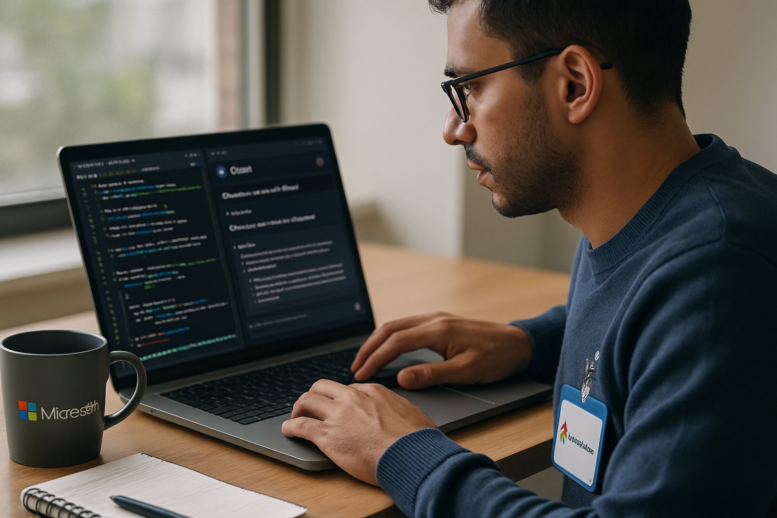 Microsoft engineer using Claude Code AI tools on laptop computer.